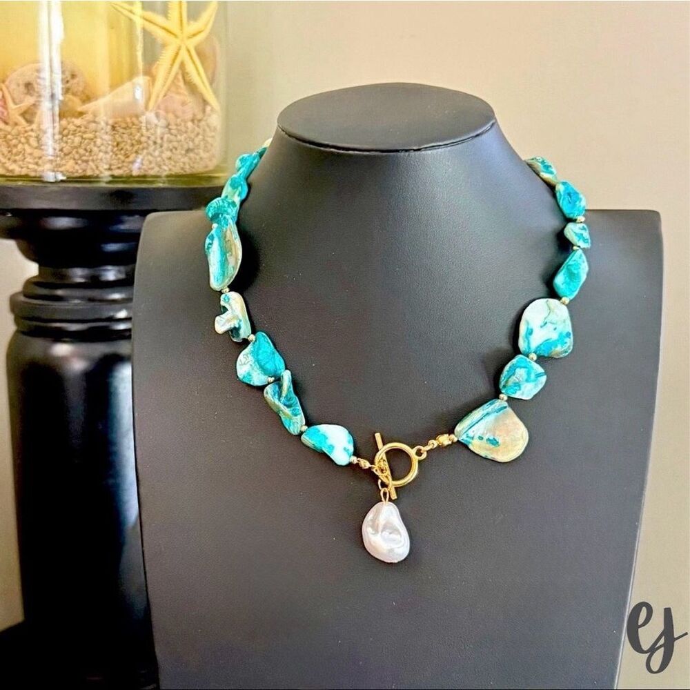 Calypso Blue Shell Necklace, Faux Pearl Drop - Picture 4 of 6